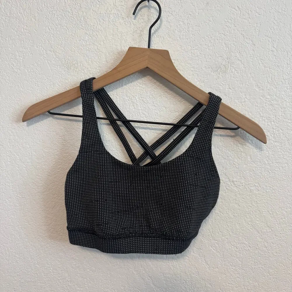 Lululemon Energy Bra Medium Support Strappy Sports Bra Teeny Check White Black 4